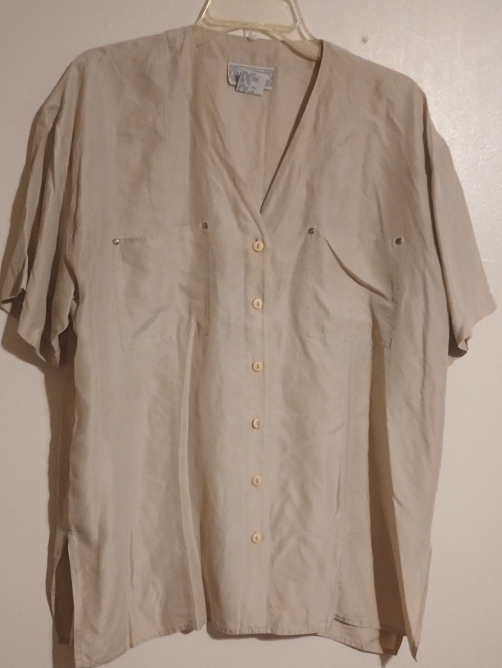 Silk Exchange Women's Casual Button-Down Short Sleeve Shirt Beige/Tan Sz Large